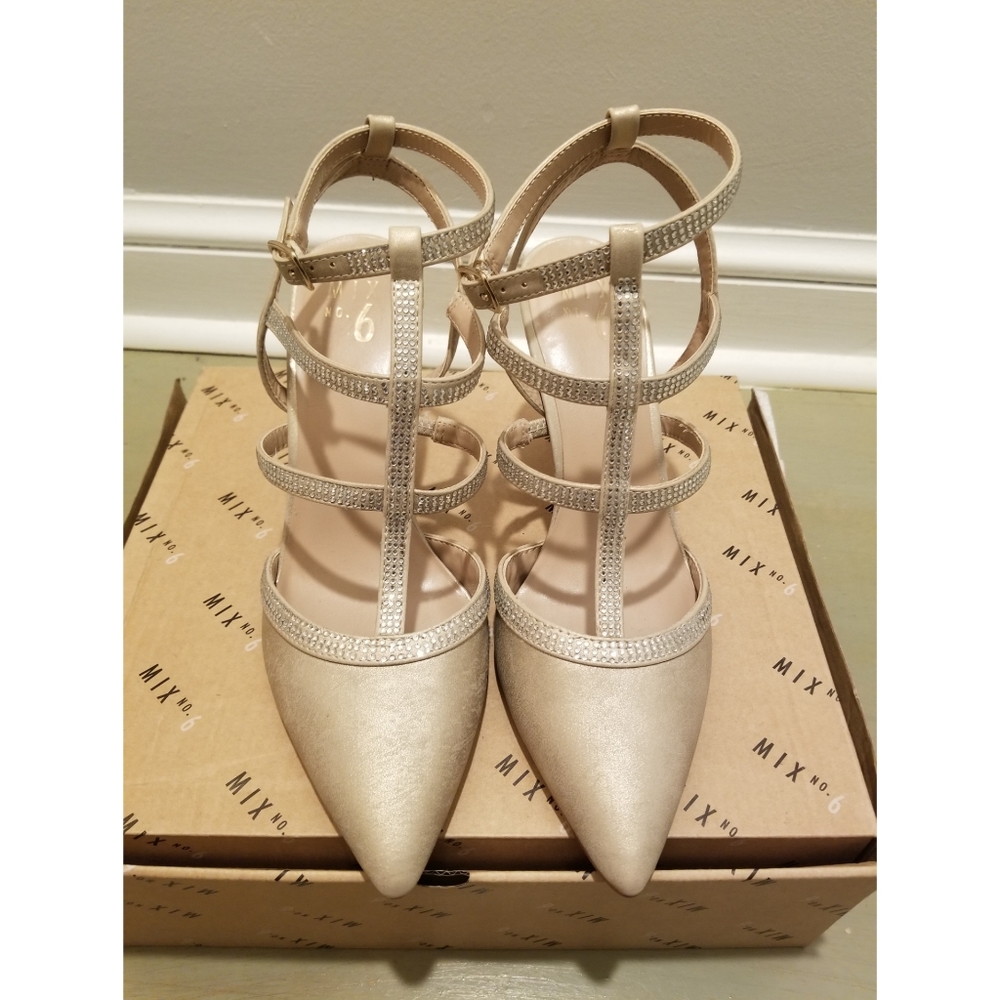 Mix No. 6 Shimmer Champagne Strappy Cage Studded Pointed High Heel Liraven Pump
